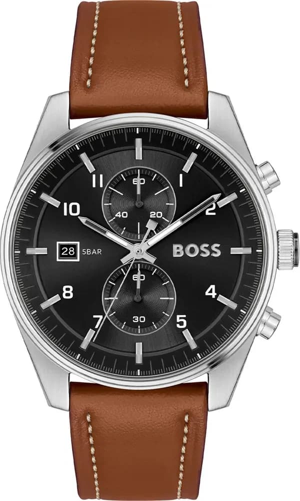 Garde-temps Hugo Boss 1514161 avec cadran noir soleillé, compteurs chronographe et affichage date à 4h30