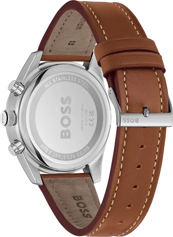 Attache bracelet Hugo Boss 1514161 en cuir marron cousu main avec boucle déployante en acier inoxydable brossé
