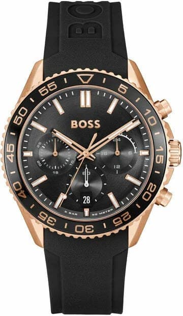 Montre Homme Hugo Boss Runner 1514168 - Boîtier Bicolore Silicone/Or Rose, Cadran Noir Multifonctions, Bracelet Silicone Noir