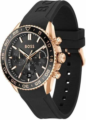 Montre Homme Hugo Boss Runner 1514168 - Boîtier Bicolore Silicone/Or Rose, Cadran Noir Multifonctions, Bracelet Silicone Noir vue 2