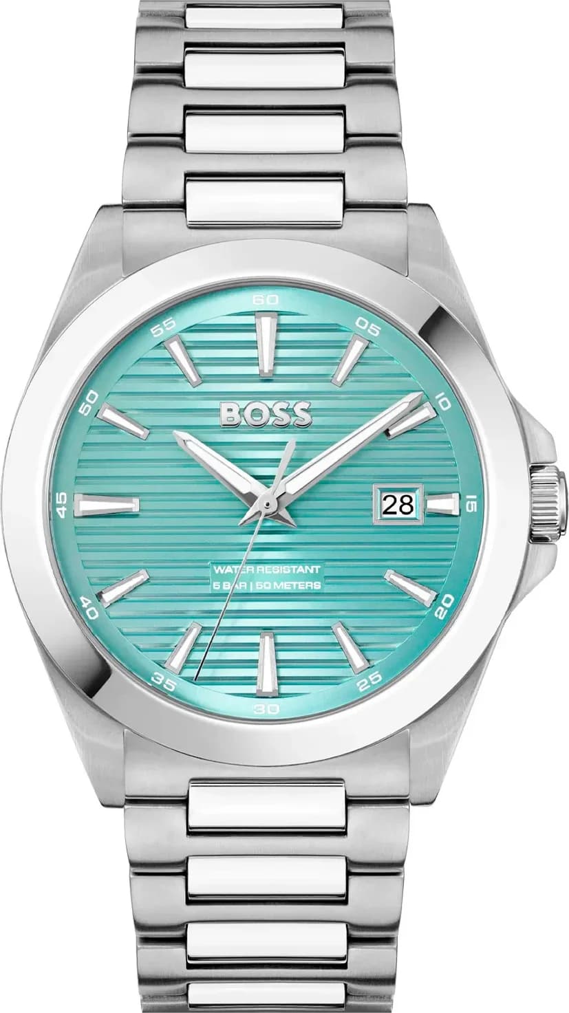 Garde-temps Hugo Boss 1514171 cadran turquoise soleil finition argentée bâtons index appliqués aiguilles dauphines polies