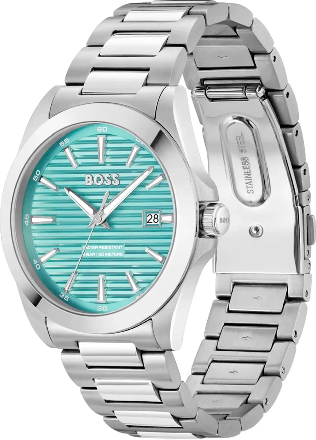 Visage cadran Hugo Boss 1514171 index bâton polis aiguilles dauphines date 3h cadran turquoise contraste aiguilles argent