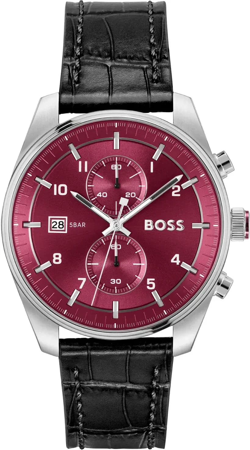 Garde-temps Hugo Boss 1514193 au cadran rouge soleillé et index appliqués bâtons, style pilote classique
