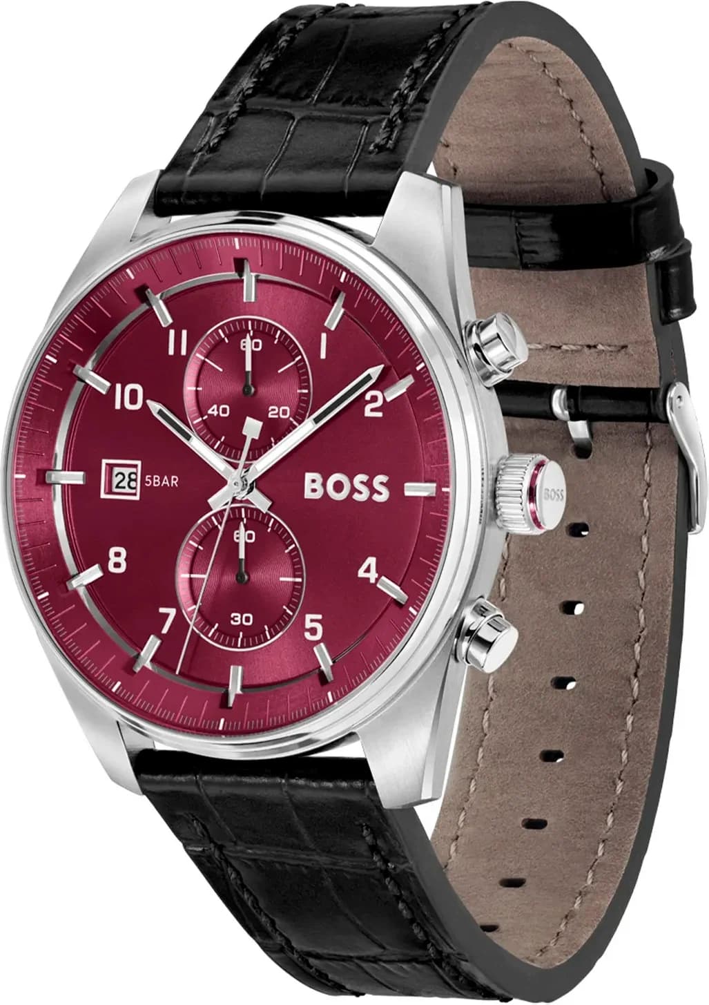 Visage cadran Hugo Boss 1514193 avec aiguilles squelette luminescentes, guichet date à 3h et échelle télémètre périphérique