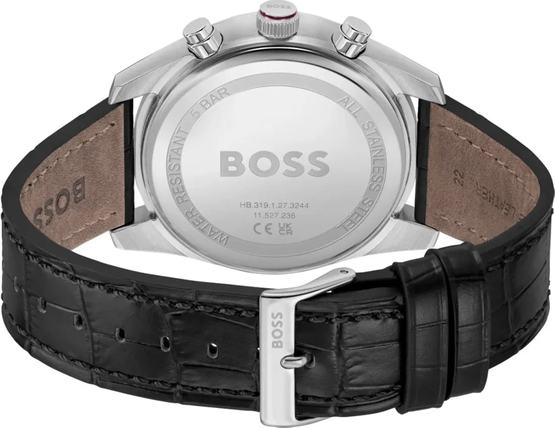 Attache bracelet Hugo Boss 1514193 en cuir noir grain croco, coutures contrastées rouges, boucle ardillon signée