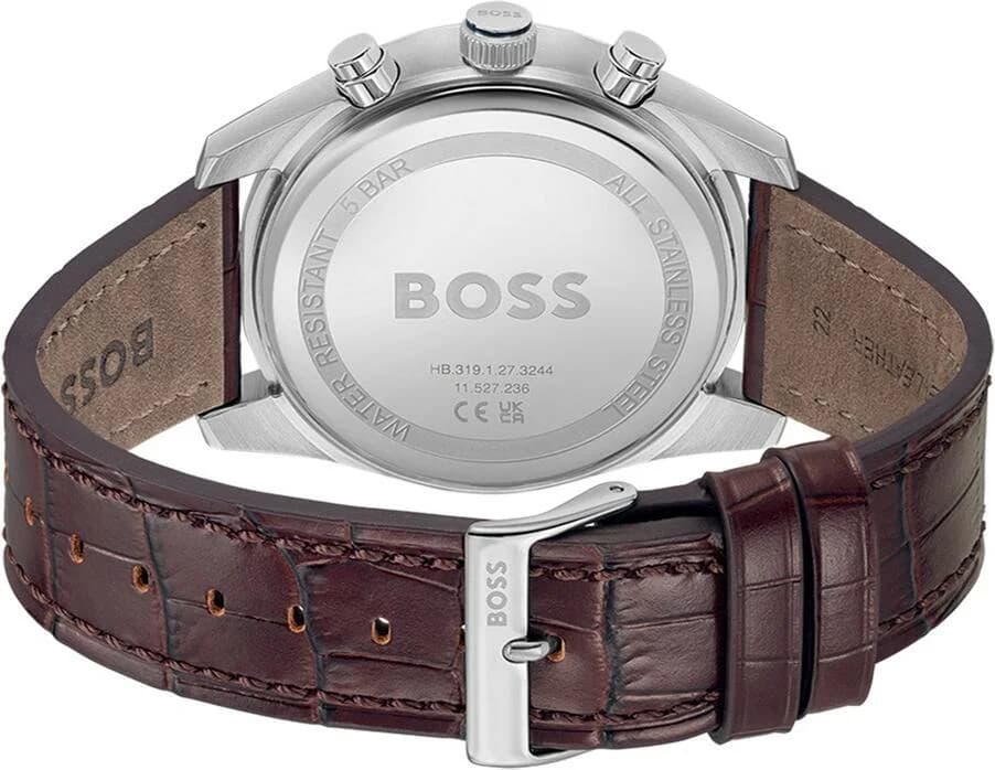 Attache bracelet Hugo Boss 1514194 en cuir marron cousu à fermoir déployant acier inoxydable signé Hugo Boss