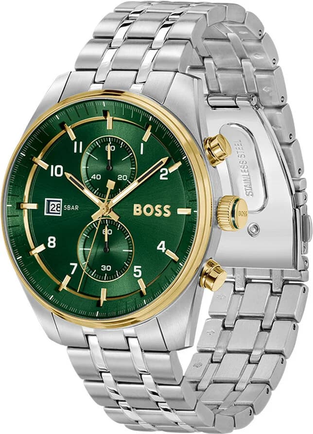 Montre Hugo Boss 1514195 chronographe cadran vert bracelet acier argent homme vue 2