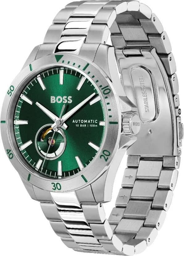 Visage cadran Hugo Boss 1514200 où chaque index bâton est poli, aiguilles dauphine avec insert luminescent