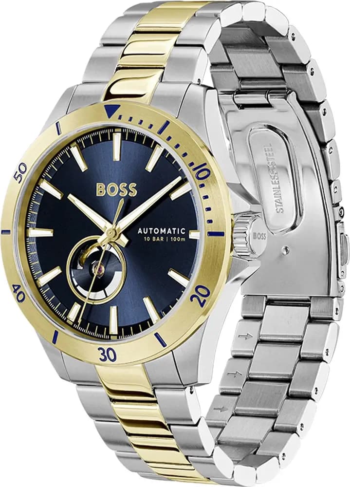 Visage cadran Hugo Boss 1514201 affichant date à 3h, index bâton argentés et trotteuse centrale