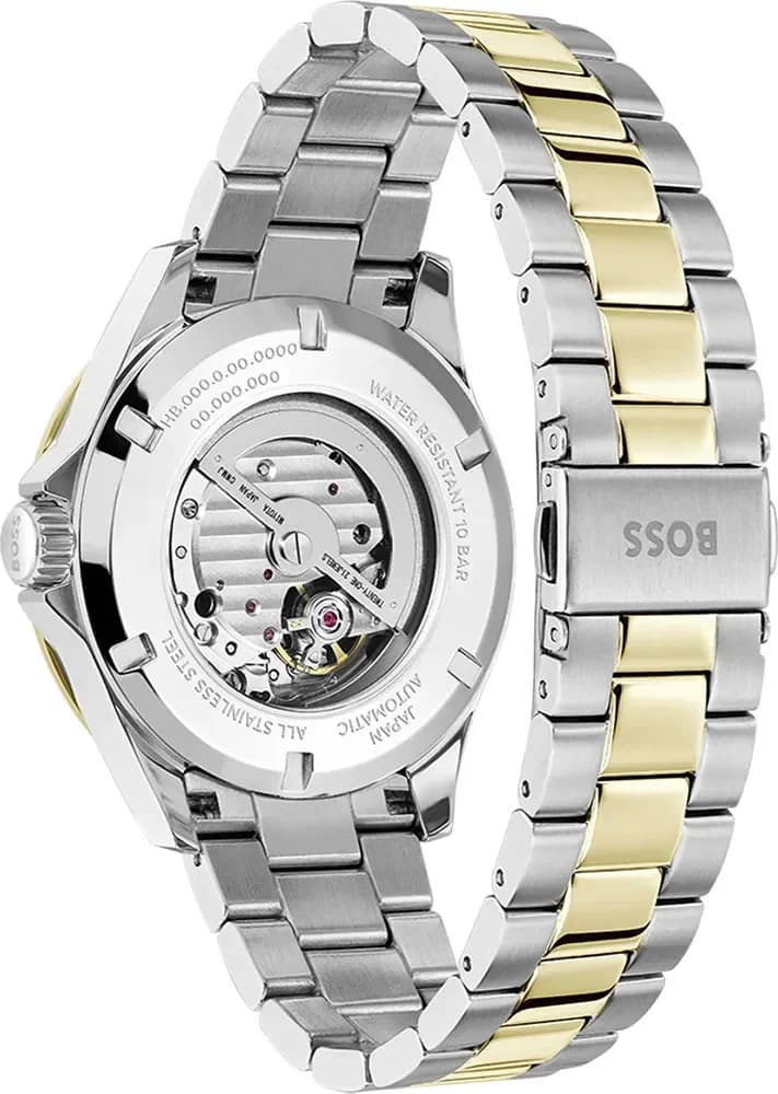 Attache bracelet Hugo Boss 1514201 en acier bicolore, maillons alternés or et argent, fermoir déployant