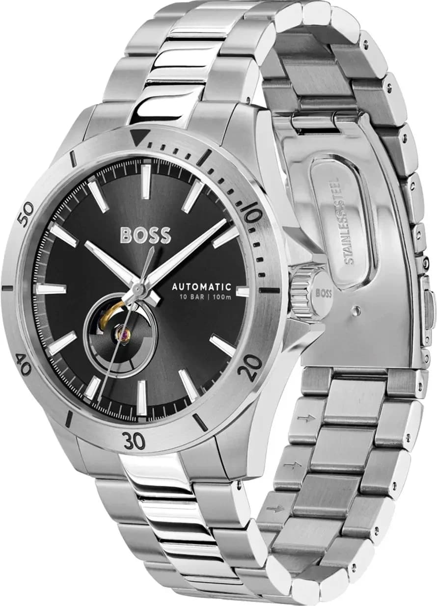 Visage cadran Hugo Boss 1514202 index bâton argentés polis, aiguilles dauphine luminescentes, guichet date à 3h, finition soleillée