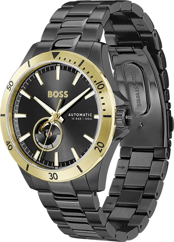 Visage cadran Hugo Boss 1514203 détail des index bâtons polis et aiguilles dauphine avec date à 3h pour une lisibilité optimale