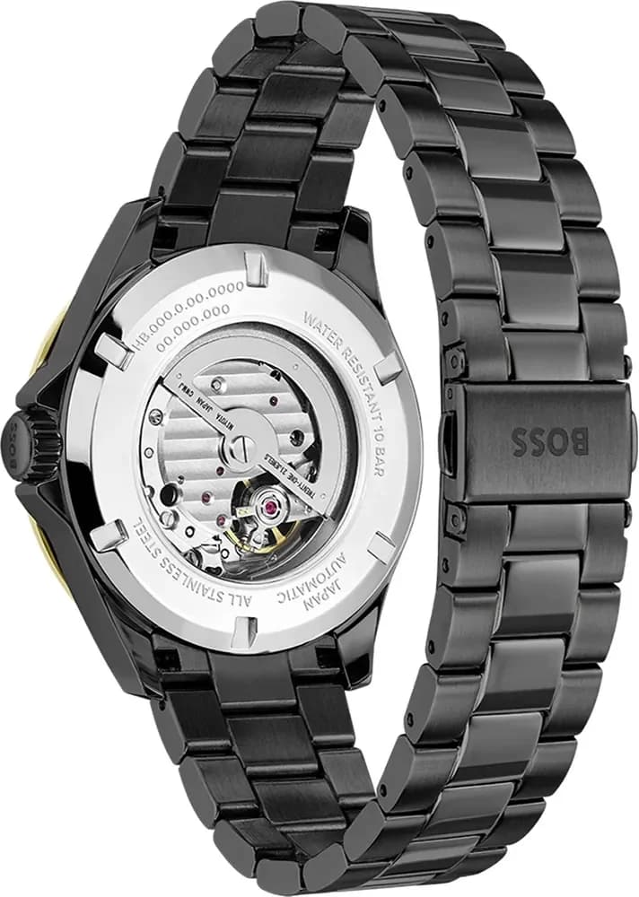 Attache bracelet Hugo Boss 1514203 en acier noir PVD avec maille milanaise et fermoir déployant sécurisé