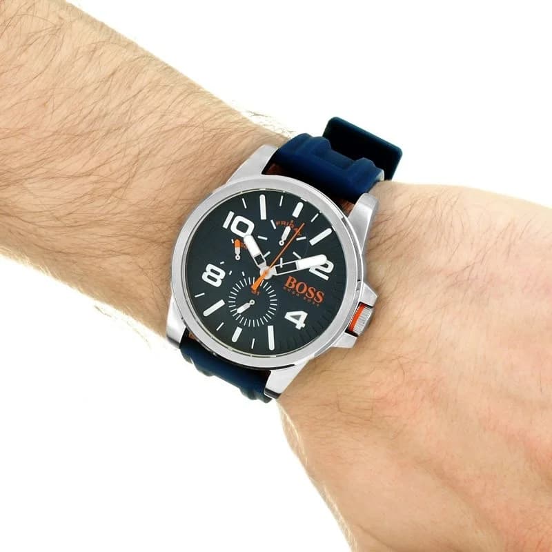 Attache bracelet Hugo Boss Orange 1550008 en silicone bleu avec boucle ardillon en acier inoxydable brossé