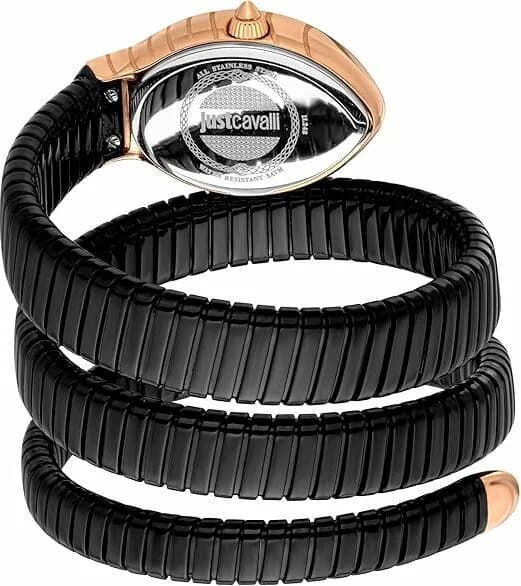 Attache bracelet Just Cavalli JC1L248M0085 en acier noir et or rose, fermoir déployant gravé du motif signature Just Cavalli