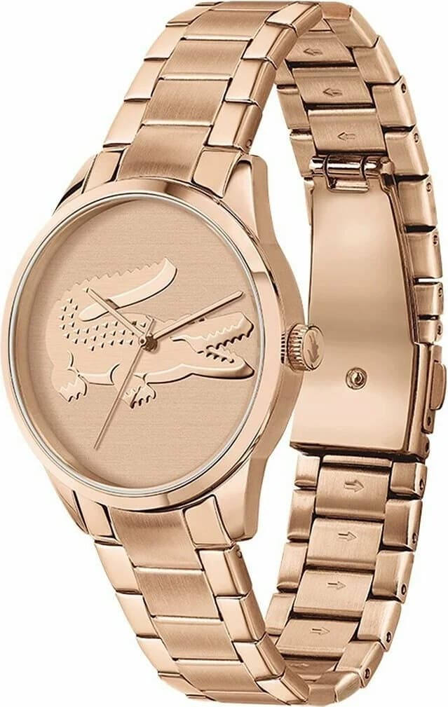 Visage cadran Lacoste 2001172 affiche index appliqués en or rose, aiguilles dauphine et guichet date à 3h