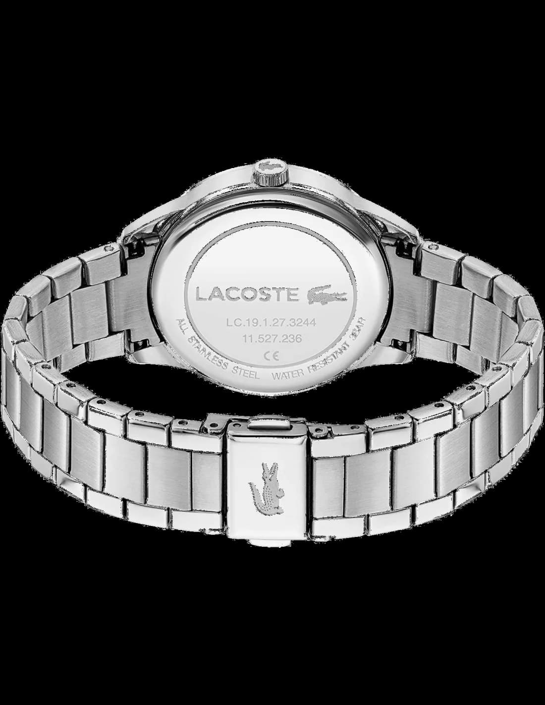 Visage cadran Lacoste 2001173 avec index appliqués en acier, aiguilles dauphine, date à 3h