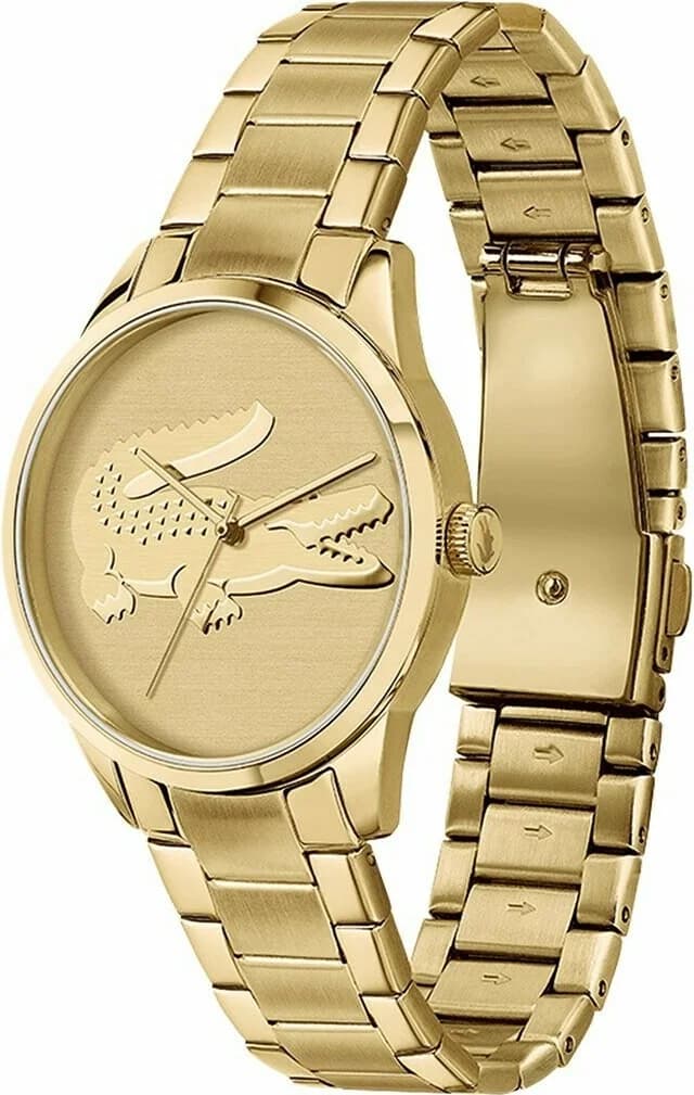 Visage cadran Lacoste 2001175 avec index appliqués dorés, aiguilles dauphine, date à 3h, mouvement quartz suisse