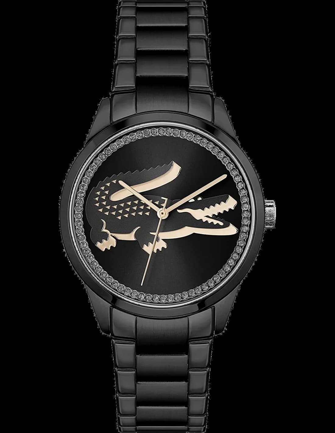 Garde-temps Lacoste 2001192 avec cadran noir incrusté de strass, aiguilles argentées et style élégant
