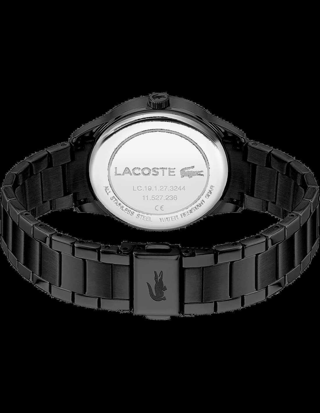Visage cadran Lacoste 2001192 affichant index appliqués, aiguilles bâton et complications date à 3h