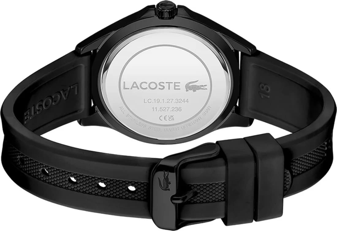Attache bracelet Lacoste 2001223 en silicone noir texturé, fermoir boucle ardillon