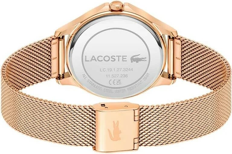 Attache bracelet Lacoste 2001238 maille milanaise en acier inoxydable or rose, fermoir déployant ajustable et sécurisé