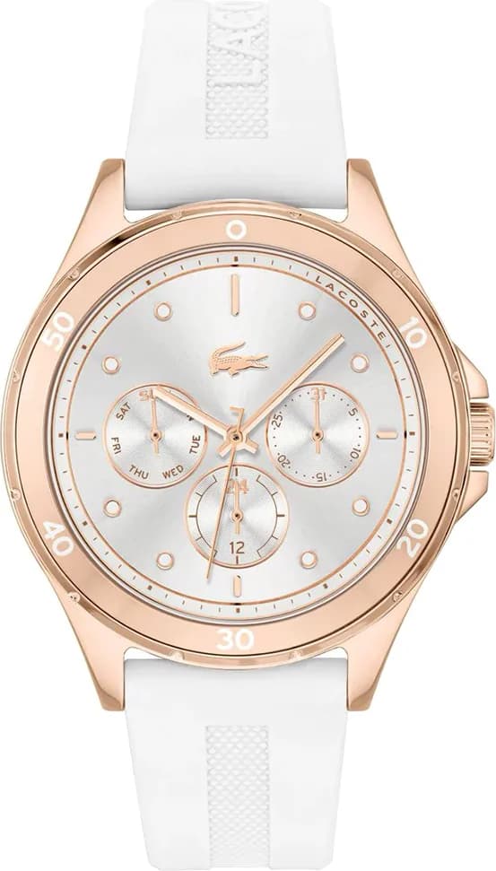 Montre Femme Lacoste Swing 2001244, Cadran Argent Multifonctions, Bracelet Silicone Blanc