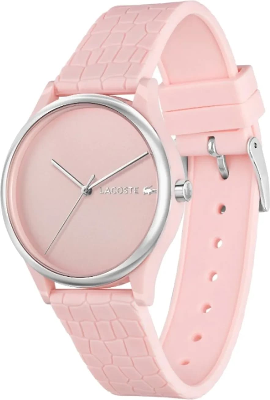 Visage cadran Lacoste 2001248 avec index bâtons appliqués et date à 3h, mouvement quartz précis