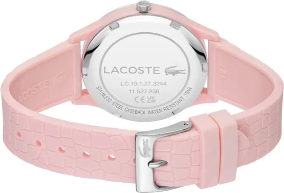 Attache bracelet Lacoste 2001248 en silicone rose texturé et boucle ardillon signée Lacoste, confortable