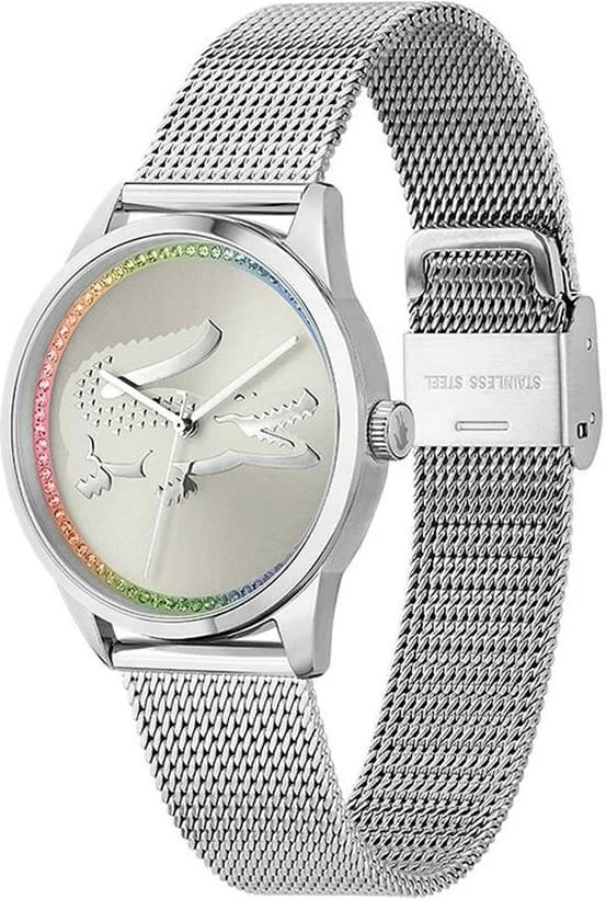 Visage cadran Lacoste 2001259 révèle index bâton polis et aiguilles dauphine sur fond nacré avec date à 3h