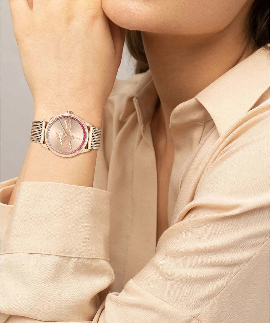 Lunette boîtier Lacoste 2001261 en acier or rose poli-brossé, verre minéral résistant aux rayures