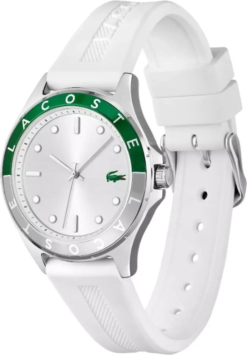 Visage cadran Lacoste 2001265 index bâtons appliqués aiguilles dauphine date à 3h mouvement quartz suisse