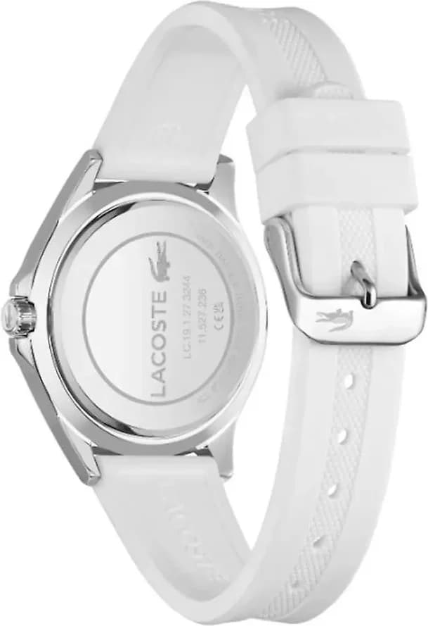 Attache bracelet Lacoste 2001265 silicone blanc mat boucle ardillon signature croco gravée fermeture sécurisée