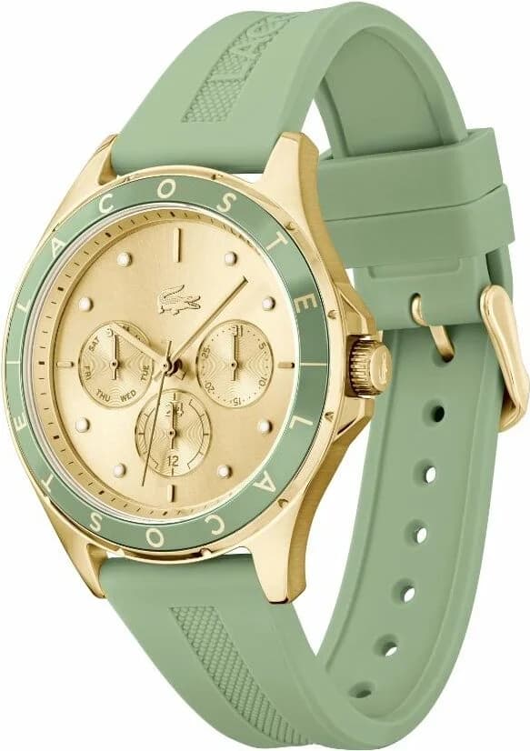 Visage cadran Lacoste 2001298 avec compteurs 24h, 30min et 60sec, chiffres arabes à 12h, aiguilles et index blancs sur fond vert