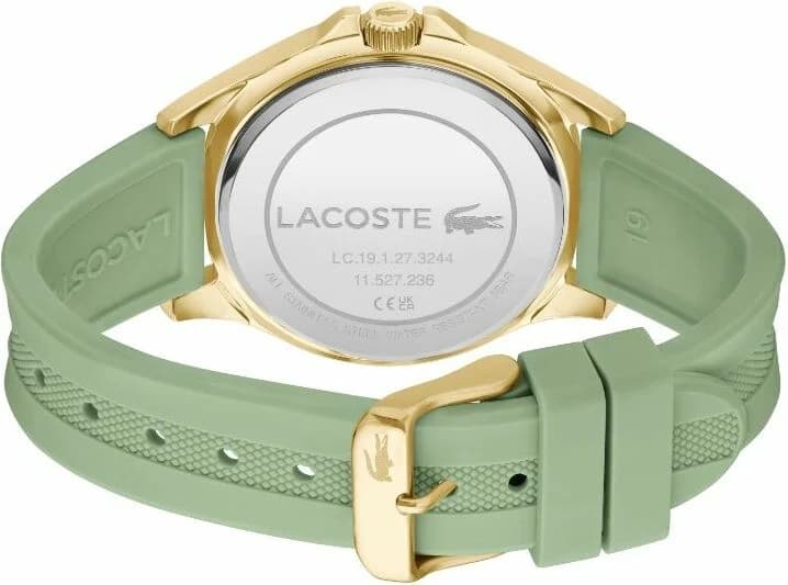 Attache bracelet Lacoste 2001298 en silicone vert texturé avec boucle ardillon en acier inoxydable, fermeture sécurisée et ajustable