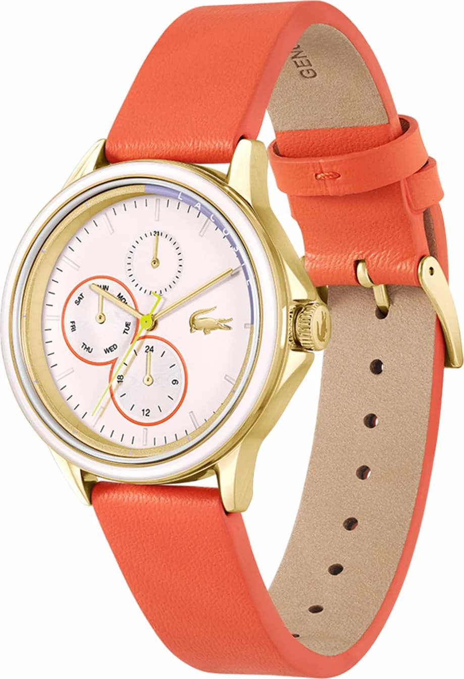 Visage cadran Lacoste 2001338 détail des index appliqués et aiguilles dorées, guichet date à 3h et compteurs chronographe