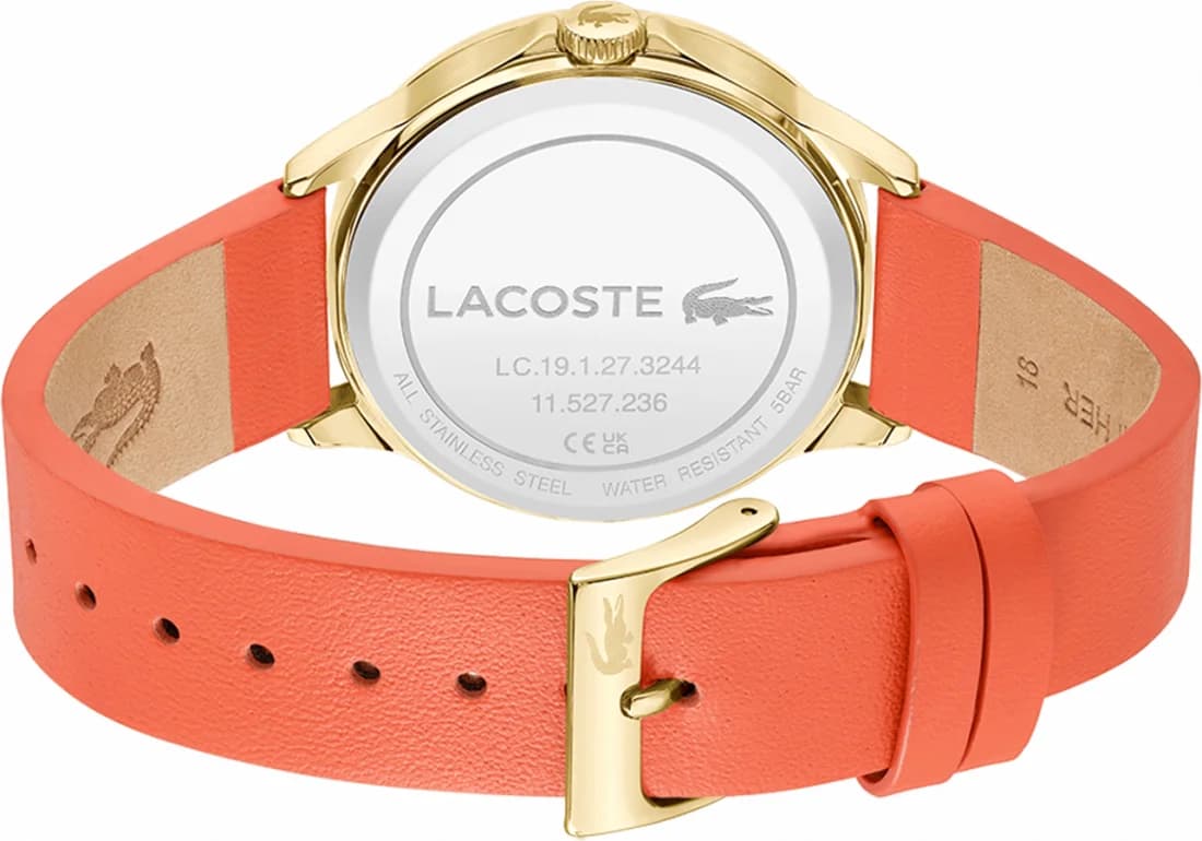 Attache bracelet Lacoste 2001338 en cuir orange vif avec boucle ardillon en acier inoxydable, coutures contrastées