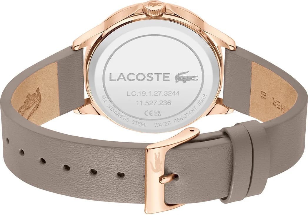 Attache bracelet Lacoste 2001339 en cuir marron avec coutures contrastées, boucle ardillon signée Lacoste