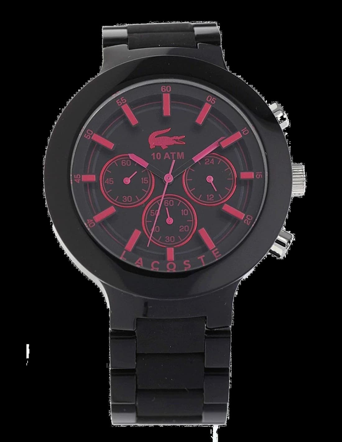 Garde-temps Lacoste 2010771 arborant un cadran noir minimaliste et des index blancs contrastés, design sport-élégant