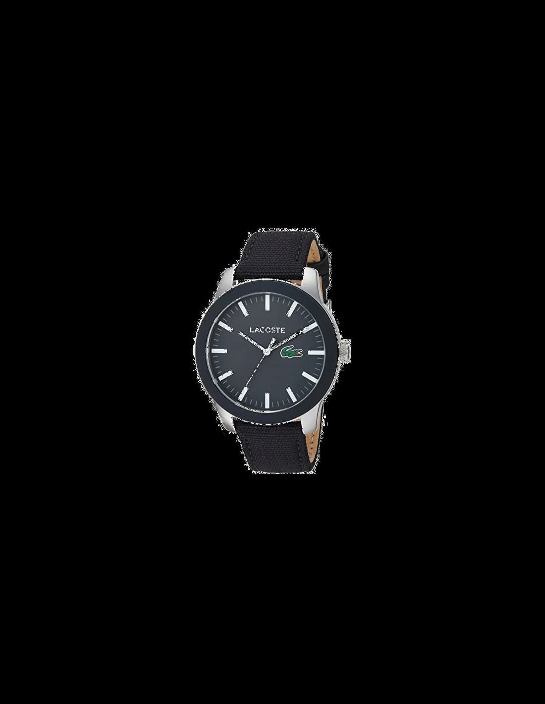 Garde-temps Lacoste 2010919 avec cadran noir texture petit piqué, aiguilles argentées et index bâtons, style sport-élégant