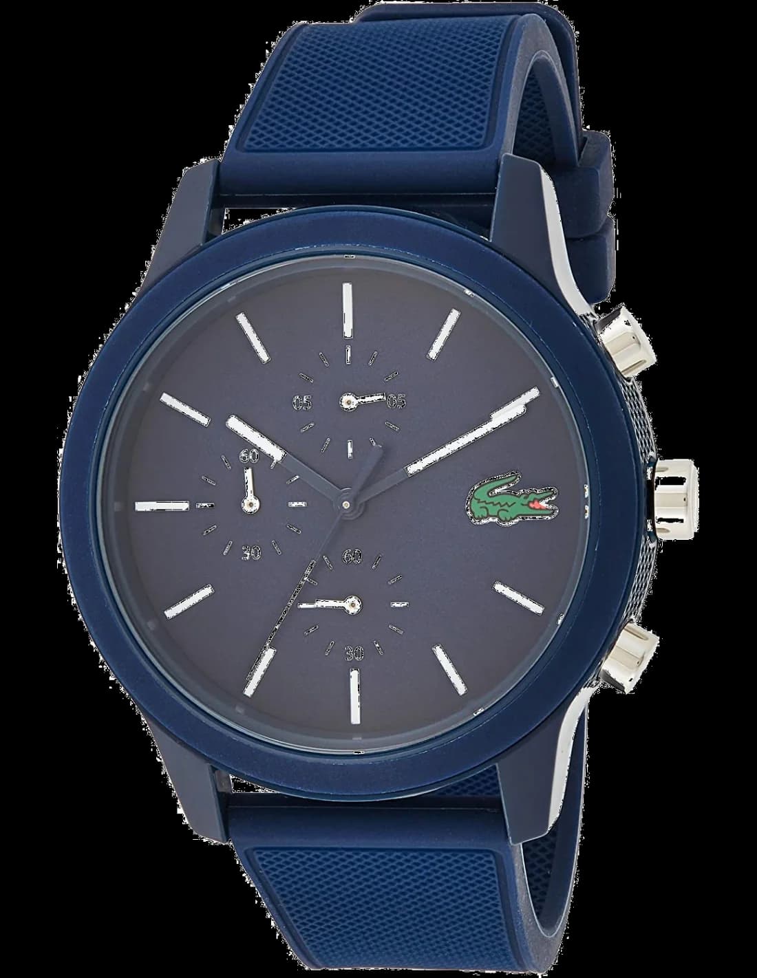Visage cadran Lacoste 2010970 index bâtons argentés aiguilles super-luminova compteurs 24h date jour bleu électrique