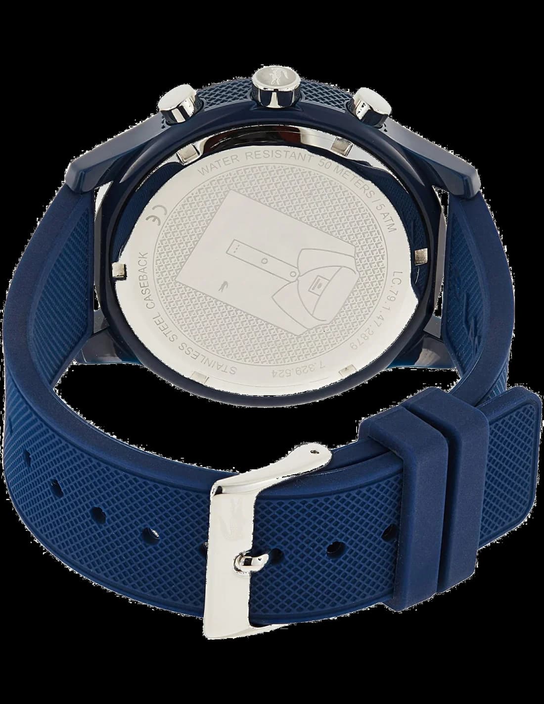 Attache bracelet Lacoste 2010970 silicone bleu texturé boucle ardillon en acier inoxydable brossé ajustable