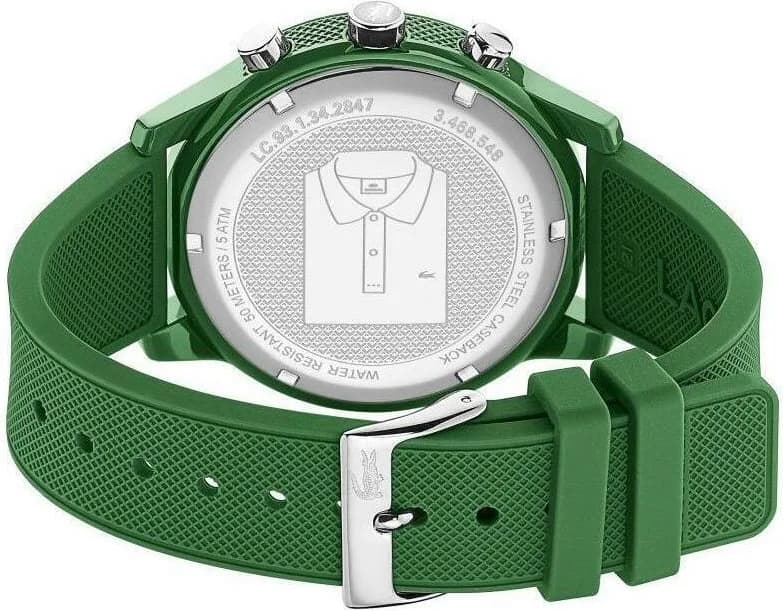 Attache bracelet Lacoste 2010973 en silicone vert texturé avec boucle ardillon en acier inoxydable, confort et sécurité