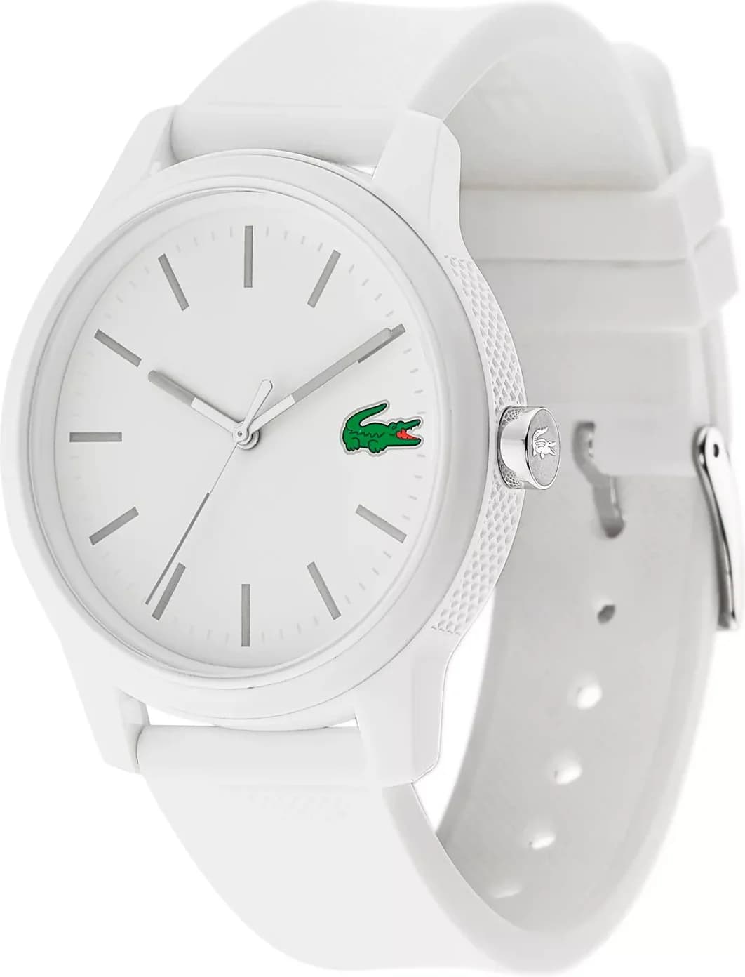 Visage cadran Lacoste 2010984 détail finition, finition soleillée, index appliqués et logo crocodile vert à 12h