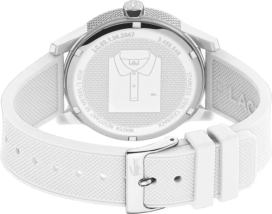 Attache bracelet Lacoste 2010984 en silicone blanc texturé avec boucle ardillon en acier inoxydable brossé