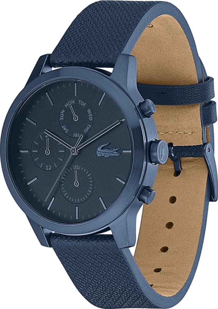 Visage cadran Lacoste 2010998 montre indices bâton argentés, aiguilles dauphine, date à 3h
