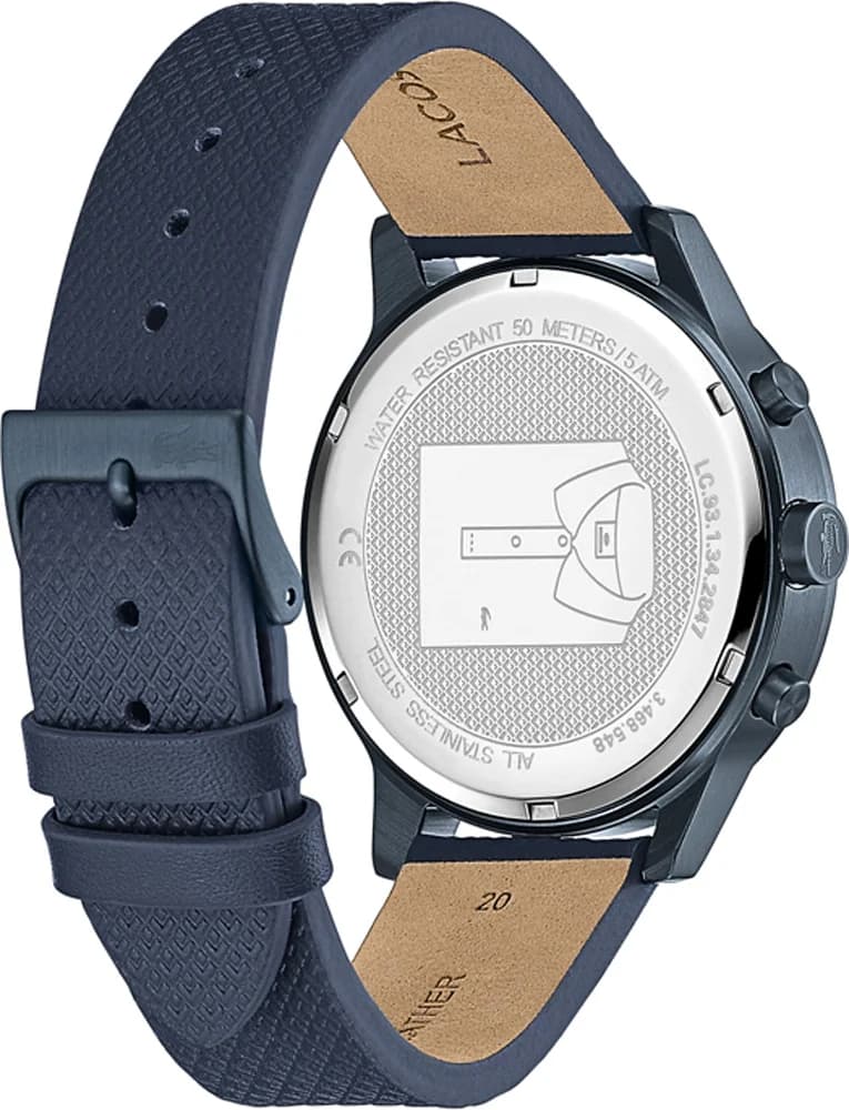 Attache bracelet Lacoste 2010998 en cuir bleu cousu, boucle ardillon acier brossé