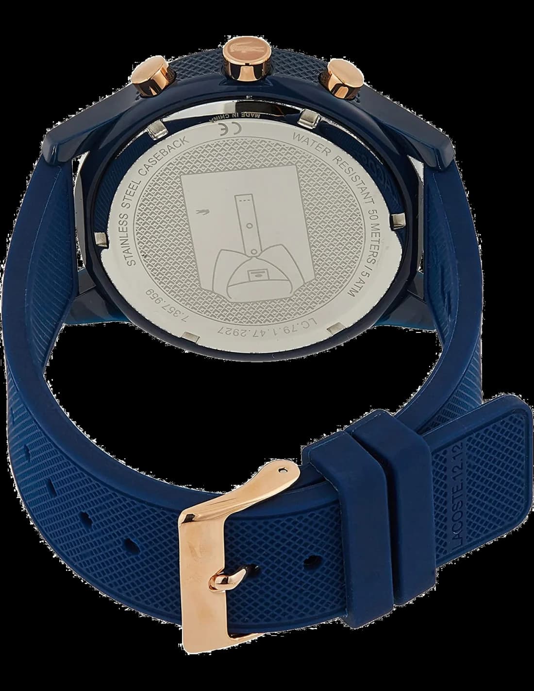 Visage cadran Lacoste 2011013 dévoile index bâton argentés, aiguilles dauphine, guichet date à 3h, mouvement quartz précis