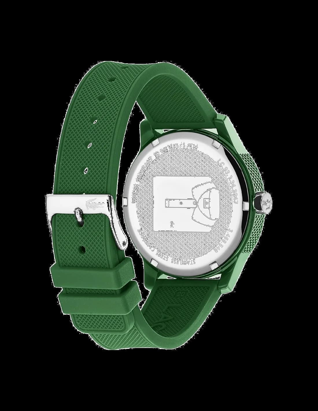 Visage cadran Lacoste 2011023 dévoile index appliqués bâtons polis, aiguilles épées et guichet date à 3h sur fond dégradé vert