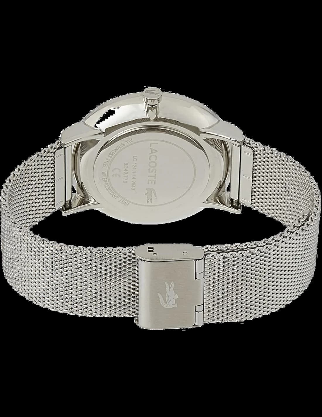 Visage cadran Lacoste 2011025 dévoile index bâtons polis, aiguilles dauphine et date à 3h, lisibilité optimale